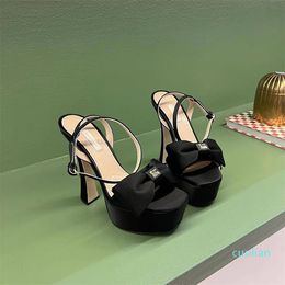 Bowtie Buckle Sandals for womens Designer Satin Transparent PVC Platform heel shoes 14cm high heeled ladies Wedding Party Roman