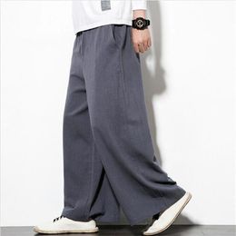 Pants New Vintage Men Wide Leg Pants Natural Breathable Cotton Linen Pants Solid Straight Long Pants Plus Size M7XL Black Khaki