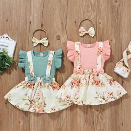 Clothing Sets 2023 Little Girl's Cotton Strip Flying Sleeve Bow Print Suspender Skirt Suit Baby Girl Outfit Set