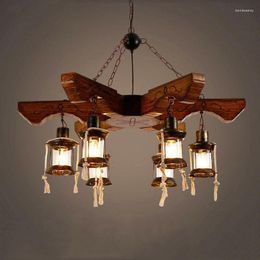 Pendant Lamps Retro Industrial Lights 6-Head Vintage Wood Chandelier Cafe Bar Clothing Store Glass Lamp Restaurant Iron Droplights
