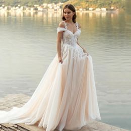 Spaghetti Boho Beach Wedding Dress A Line Long Tulle Bridal Gowns Beads Lace Appliques Summer Bohemian Robe De Mariee 2023