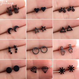 Jisensp Punk Black Stainless Steel Stud Earrings Women Everyday Jewellery pendientes Cute Heart Star Moon Round Earings Orecchini