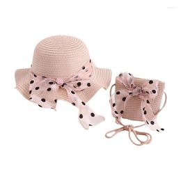 Berets Winkinlin Kid Sun Hat Little Girls Wide Brim Straw Bow Beach Street Cap Cross Body Shoulder Bag Set