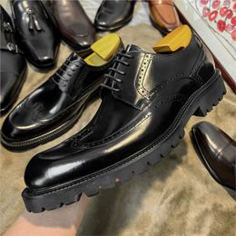 Black Mens Dress Shoes Cow Genuine Leather Pointed Toe Office oxford Handmade Lace-Up Business Work Company Formal Brogue Shoes