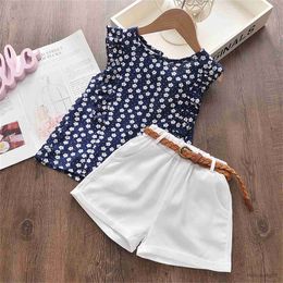 Clothing Sets 2-7 Years Girls Summer Casual Floral Patchwork Sleeveless Blouse andShorts andBelt Kids Suit Girl Clothes