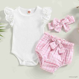 Clothing Sets ma baby 0-24M Infant Newborn Baby Girl Clothes Knit Ruffle Romper Plaid Bow Shorts Outfits Summer