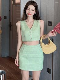 Work Dresses Summer Luxury Small Fragrant Tweed Two Piece Set Women Sexy Sleeveless Cropped Top Skirt Suits Y2k Fashion 2 Sets