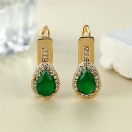 Hoop Earrings Luxury Jade Water Drop Stone Green Crystal Zircon Yellow Gold Color Wedding For Women