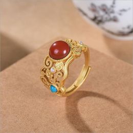 Cluster Rings Red Jade For Women Accessories Carved Jewellery Jadeite Chinese 925 Silver Adjustable Ring Luxury Gemstone Natural Charms