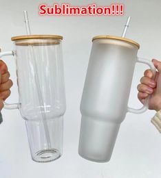 Wholesale 32oz 40oz Sublimation Glass Mug Clear Frosted glass Wine Glasses Drinking Glasses With Bamboo Lid and straws DIY
