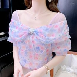 Women's Blouses Sexy Off-Shoulder Chiffon Shirt Women's 2023 Summer Floral Print Short-Sleeved Top Beaded Tassel Blusas Younger Lady