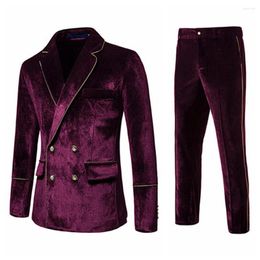 Men's Suits Burgundy Blue Mens 2Pcs Velvet Blazer Trousers Classic Custom Made Jacket Pants Slim Fit Double Breasted Tuxedo Party Wear