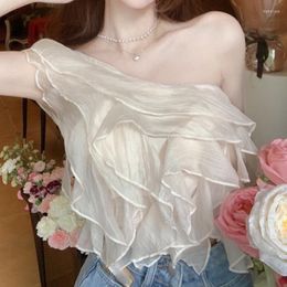 Women's Blouses Sexy Sleeveless Skew Collar Sweet Tops Off Shoulder Ruffles Chiffon Blouse Women Fashion Solid Colour Ladies Shirt Clothes