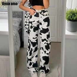 Women's Jeans Unua amo 2023 Vintage Cow Printed Baggy Jeans Woman Casual Straight Trousers Female Streetwear Wild Cargo Denim Pants T230530
