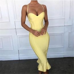 Casual Dresses Celebrity Bandage Dress 2023 Fashion Sexy Spaghetti Strap Pink Yellow Knee Length Rayon Elegant Evening Party