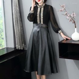 Work Dresses 2023 Fall/Winter Arrivals Women Outfits Stand Collar Long Sleeve Pleated Black Shirt PU Leather Midi Skirt Camisole Top