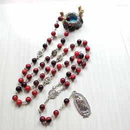 Pendant Necklaces QIGO Red Acrylic Rosary Necklace Metal Virgin Catholic Prayer Jewellery