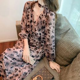 Casual Dresses Korean Fashion Leopard Print Collar Broken Floral Long Dress Woman Spring Summer 2023 French A-line Sleeves