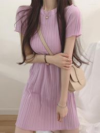 Party Dresses Round Neck Girl Colour Pink Sweet Girl's Japanese Mini Dress Silk Korean Chic Elegant Short-sleeved Knitted Summer