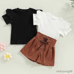 Clothing Sets Kids Girls Set Children Short Sleeve Crew Neck T-shirt with Lacing Leather Shorts Summer Casual Outfits
