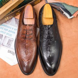 Luxury Mens oxford Dress Shoes Genuine Leather Crocodile Pattern Mens Shoes Handmade Lace Up Black Formal Wedding Suit Shoes