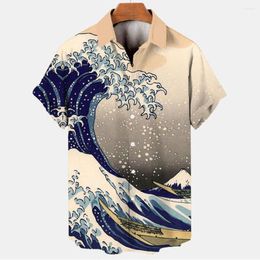 Men's Casual Shirts 2023 Summer Men's Wave Series 3D Digital Printed Polo Collar Short Sleeve Shirt Fashion Trend