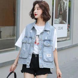 Waistcoats Women's Korean Coat Retro Cotton Denim Vest Plus Size Loose Fashion Pocket Keep Warm Spring and Summer Jacket Thin Cardigan New