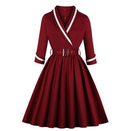 Dresses Retro Dresses Lapel Long Sleeve Women Vintage Dress Plus Size 4xl Femme Vestidos 50s Rockabilly Robe Women'S Party Dress Cotton