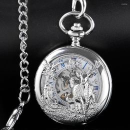 Pocket Watches Deer Sculpture Double-Open Watch Mechanical Men's Hand Style Steam Punk Necklace Fob Chain Roman Digital Clock Gift
