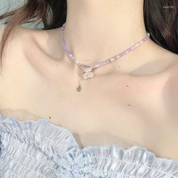 Choker Under The Moon Lily French Crystal Purple Beaded Crowd Personalized Flower Necklace Tassel Heart Collar Chain