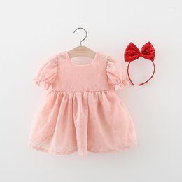 Girl Dresses Summer Baby Girls Short Sleeve O Neck Lace Birthday Party Princess Kids Pleated Tutu Dress Sequined Bow Headband Vestidos