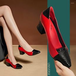 Dress Shoes Universe C040 Snakeskin Pattern Thick Hoof High Heels Patchwork Genuine Leather Large Size Women Pumps For Lady