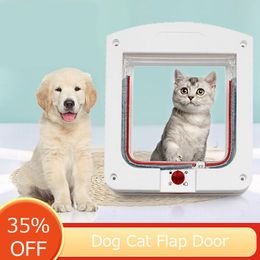 Cages Dog Cat Flap Door with 4 Way Security Lock Flap Door for Dog Cats Kitten PP Plastic Small Pet Gate Door Kit Cat Dogs Flap Doors