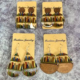 Teacher's Day Jewellery Gift School Library Books Printed Wood Studs Acrylic Earrings for Women Student Jewellery Everyday Gift