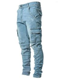 Men's Jeans Fashion Streetwear Men Pants Wash Solid Color Multi Pockets Denim Mid Waist Cargo Casual Trousers Male Daily Wear