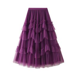 Capris 2022 New Spring Summer Long Cake Tulle Skirt Women Korean Chic AllMatch Pleated Skirts Female Grey Patckwork Tutu Skirt