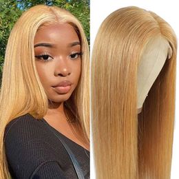 Honey Blonde Coloured Human Hair Wigs 13x4 HD Transparent Lace Front Human For Women Straight Remy Wigs