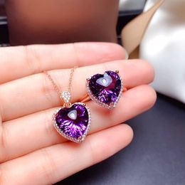 Romantic 18K Rose Gold Heart shape 4ct Amethyst Jewelry set 925 Sterling Silver Engagement Wedding Rings Necklace For Women