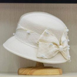 Wide Brim Hats Bucket Hats Women Fancy Veil Fedora Solid Color Warm Winter Hat 100% Wool Cloche Bucket with Bow Accent Church Wedding Dress Fascinator Hat 230529