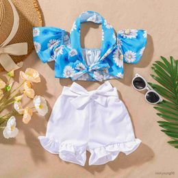 Clothing Sets Infant Baby Girls Summer Outfits Fashion Print Off-Shoulder Short Sleeve Tops Strappy Shorts Set