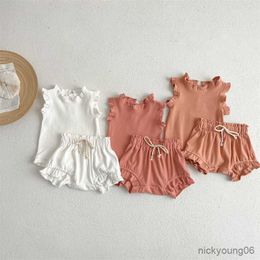 Clothing Sets Baby Set 2023 Summer New Girls' Suit Solid Colour Cotton Flying Sleeve T-shirt andShorts Casual Two-piece