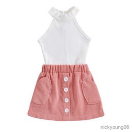 Clothing Sets 2PCS Fashion Summer Kid Girls Outfits Solid Colour Halter Sleeveless Tank Tops and Button Corduroy Skirt Set