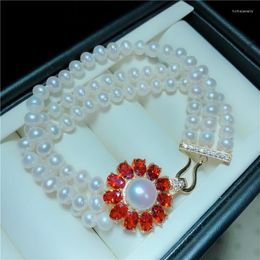 Link Bracelets Multistrand Pearl Bracelet 3 Row Natural Freshwater With Red Rhinestone Flower Clasp Jewellery Lady Gifts
