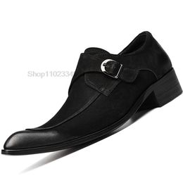 Luxury Men Loafers Shoes Suede Formal Men Dress Casual Shoes Black Grey Slip Pointed Toe Buckle Genuine Leather Oxford Shoes Men