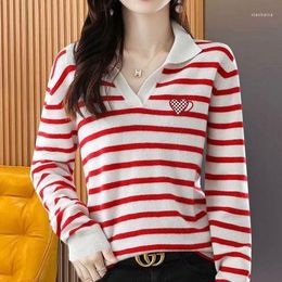 Women's Hoodies 2023 Striped Polo Shirt T-shirt Women's Autumn Clothing V-neck Outerwear Slimming Long Sleeve Mujer Top