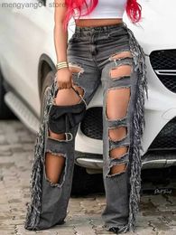 Women's Jeans LW High Waist Tassel Design Ripped Jeans Heavy Industry Loose Straight Leg Ripped Jeans Woman Bleached Dyed Pants Tide T230530