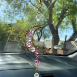 Keychains Limited Edition Pink Moon Crystal Car Charm Sun Catcher Wall Decor Rose Quartz Rear View Mirror Prism Beads