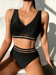 2023 New Solid Black Mesh High Waist Bikini Set Two Piece Swimwear Women's Beach Suit Summer P230530