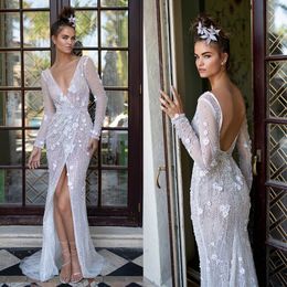 Glamorous Mermaid Wedding Dresses V-neck Long Sleeves Stripe Sequins 3D Flower Applicants Stripe Court Gown Custom Made Plus Size Bridal Gown Vestidos De Novia