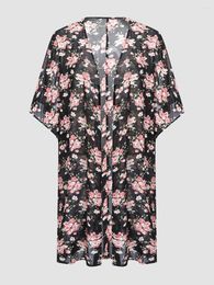 Outerwear Finjani Floral Print Batwing Sleeve Chiffon Kimono Short Cardigan Summer Beach Plus Size Women's Clothing